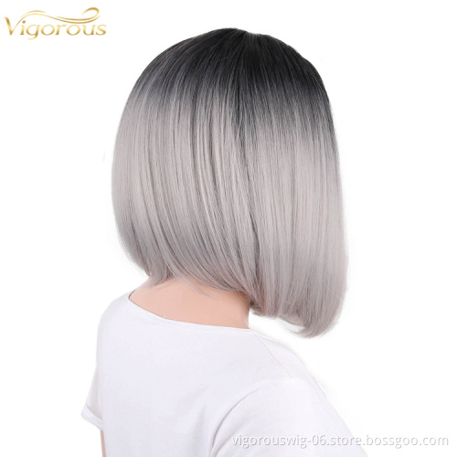 High quality wholesale premium vendor ombre silver short straight wavy hair synthetic heat resistant wig lace front black women